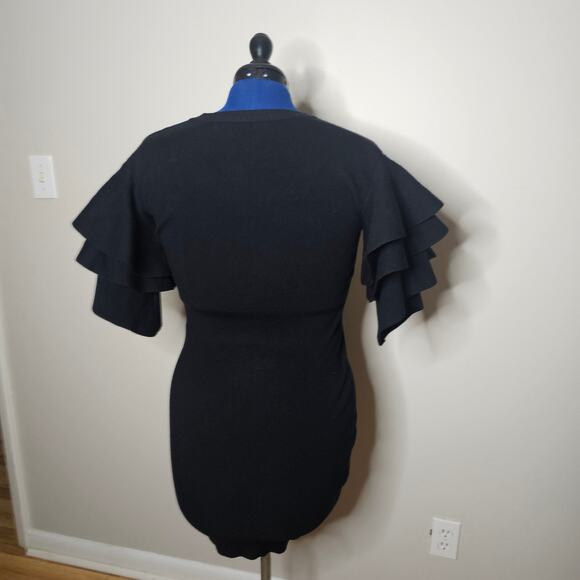 Favlux Black Knit Sweater Sheath Mini Dress with Large Ruffled Sleeves Size L - Picture 4 of 5